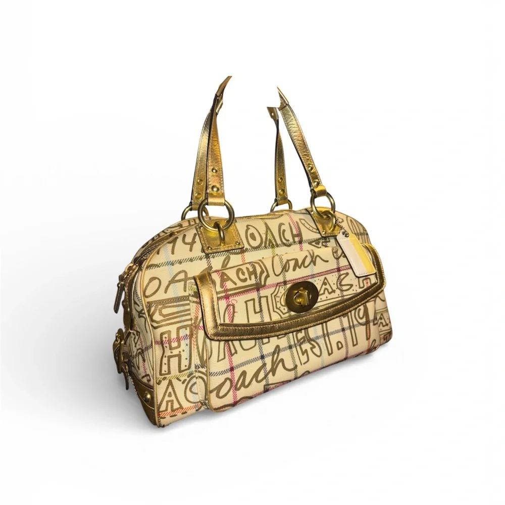 Coach F13186 Tattersall Glam Metallic Gold Signature Satchel Bag - Picture 2 of 8